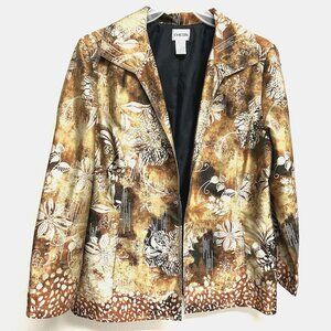 Chico's Women Blazer Jacket 1 M Brown Floral Sequins Open Front Silk Blend Lined